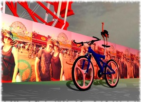 the bicycle is on the mountain range.
the tiny ostrich is on the bicycle.
it is cloudy.
the red light is 20 feet to the right of the bicycle.
the [zachapril] wall is 12 feet to the left of the bicycle.
the wall is 100 feet long.
The wall is facing right.
the small ferris wheel is to the left of the wall.
the ferris wheel is facing right.
the green light is 3 feet to the right of the ferris wheel.
