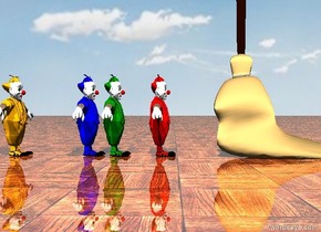 the mop. the very tiny red clown is 4 inches behind the mop. the very tiny green clown is 2 inches behind the red clown. the very tiny blue clown is behind the green clown. the very tiny orange clown is 5 inches behind the blue clown. the ground is shiny tile. the sky is cloudy.