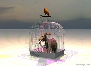 the elephant fits in the birdcage.
the ground is shiny. it is cloudy.

the bird is on the cage.

the yellow light is above the bird.
the magenta light is above the elephant.