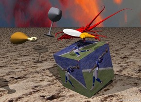 the large [odell] cube is leaning to the right. the huge red lobster is on the cube. the ground is sand. the large wine glass is 2 inches to the left of the cube. it is 3 inches above the cube. the wine glass is leaning to the left. the plate is 2 inches to the right of the wine glass. the plate is leaning forward.
the orange croissant is 2 inches in front of the plate. it is cloudy. the large chicken is 34 inches to the left of the croissant. it is 5 inches in front of the croissant.