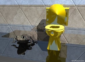 the shiny black mantel is in front of the shiny tile wall. the tiny shiny gold toilet is on the mantel. the stone frog is 2 inches to the left of the toilet.