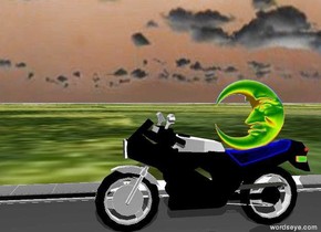 A moon is on a motorcycle. The motorcycle is on a street. The ground is grass. The sky is cloudy.