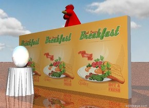 the [celebrity] wall. the table is 4 feet in front of the wall. the ground is shiny tile. the chicken is behind the wall. it is 12 feet tall. the very huge shiny white egg is on the table. it is facing left. it is leaning 90 degrees to the left. it is cloudy.