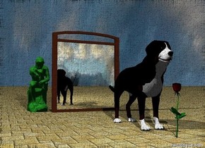  A wide mirror is two feet behind the dog. it is cloudy.
the ground has a tile texture.

the blossom is in front of the dog.
The small forest green statue is behind the mirror. it is left of the mirror.