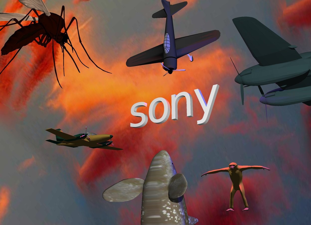 Input text: the "sony" is 6 feet above the ground. the tiny airplane is 1 foot above the "sony". it is face down. the 2nd tiny airplane is 1 foot to the right of the "sony". it is facing left. the 3rd tiny airplane is 1 foot to the left of the "sony". it is facing "sony". the ground is shiny water. the small foam whale is 1 foot under the "sony". it is facing up. it is cloudy. the mosquito is 3 feet in front of the whale. it is 2 feet tall. it is 1 foot above the whale. it is facing the "sony". the ape is 6 feet behind the "sony". it is 3 feet above the ground. the red light is above the "sony". the blue light is 1 foot to the right of the red light.