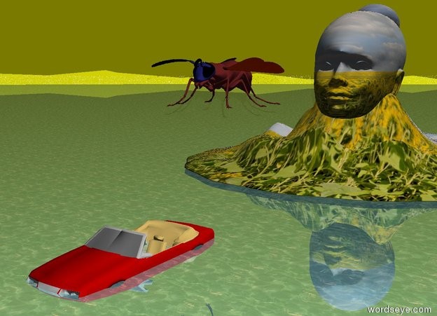 Input text: the large car is 30 feet in front of the [landscape] mountain. the car is in the shiny water ground. the 40 foot tall [landscape] head is in the mountain. it is partly cloudy. the sky is yellow. a 18 foot wide wasp is 40 feet in front of the head. it is 20 feet above the ground. the shark is 10 feet to the right of the car. it is facing the car. a very huge shark is 6 feet behind the shark. it is facing the car.

the klee whale is 4 feet below the car. it is facing right. it is face up. the huge [landscape] octopus is 7 feet to the left of the car. it is facing the car. the large man is 30 feet in front of the huge shark. He is face up.