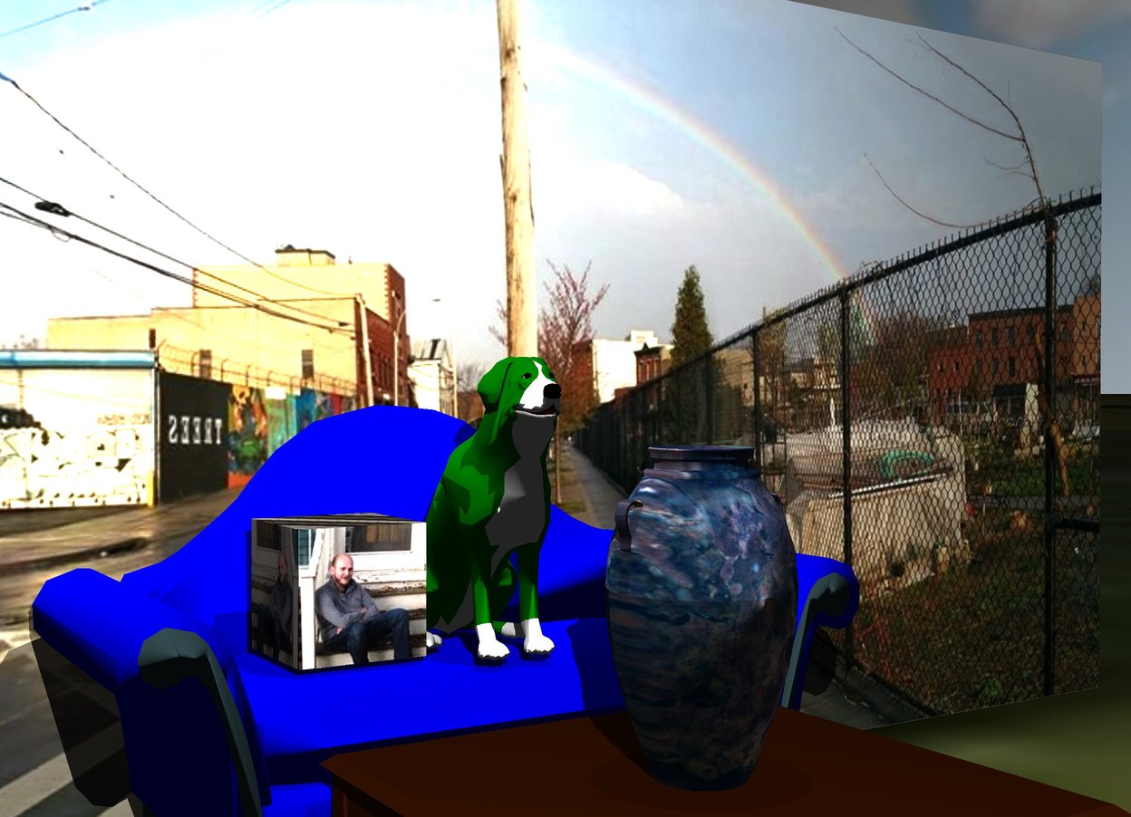 Input text: the green dog is on the blue couch. the ground has a grass texture. it is cloudy. the coffee table is in front of the couch. the vase is on the table. it has a stone texture. the wall is behind the couch. The [rainbow] image is on the wall. the cube is next to the dog. The [daniel] image is on the cube.

the illuminator is 6 feet above the vase.