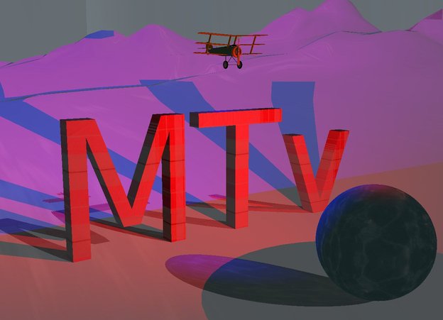 Input text: the huge [color] "MTv" is on the tall shiny mountain range. the sky is cloudy. the very tiny plane is 2 feet above the "MTv". the huge water sphere is 7 feet in front of the "MTv". the red light is above the sphere. the blue light is above the "MTv". it is morning. the camera light is black.
