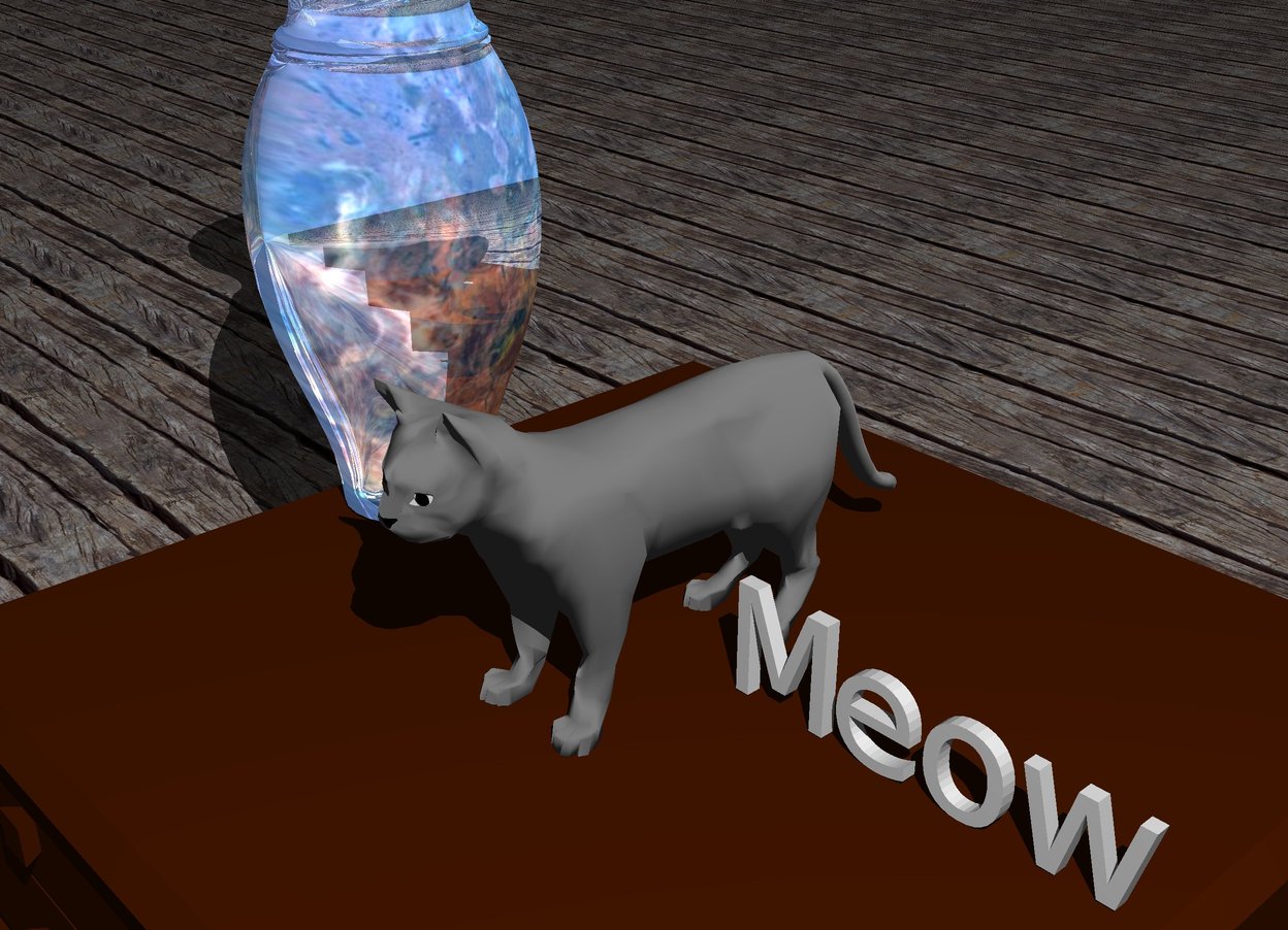 Input text: the cat is on the table. the reflective marble vase is next to the cat. it is 8 inch away from the cat.  the cat is grey. the tiny "Meow" is right of the cat. the ground has a wood texture. 