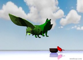 the large [color] fish is -1.5 feet behind the green cat. the cat is a foot above the ground. the sky is cloudy. the ground is shiny. the bowl is in front of the cat. it is on the ground. the blue light is 6 inches above the bowl. the red bird is in front of the bowl. it is facing the bowl.