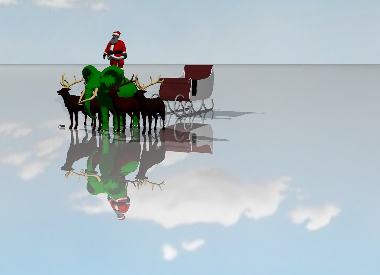 Input text: the green elephant is facing forward. the elephant is 3 feet taller. the tusks are white. the ground is shiny. the sky is cloudy. A Santa is on the elephant.  4 reindeer are 1 feet in front of the elephant. there is a large sleigh 8 feet behind the elephant.  the sleigh is brown. "merry christmas"
 