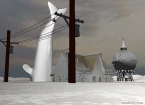 the white whale is on the white foam mountain range. it is facing east. it is face down. it is cloudy. the small white foam house is 7 feet to the right of the whale. the  silver water tower is 40 feet behind the whale. it is 40 feet tall. the ground is water. the pole is 6 feet in front of the house.