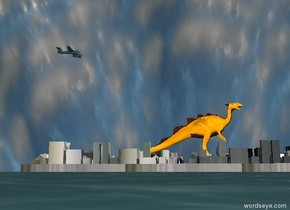 There is a [industrial] Utah. it is cloudy. it is morning. the orange lizard is -40 feet above the Utah. it is 400 feet long. it is facing right. the ground is water. the huge airplane is 200 feet above and 200 feet to the left of the lizard. it is facing right.