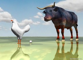 A [flower] ox is 2 feet behind the chicken. The ground has a shiny grass texture. It is cloudy. the egg is under the chicken. it is behind the chicken. it is facing right. it is face up.
