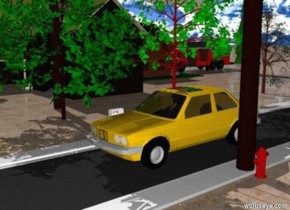 a car is on the very long street.
There is twenty small trees next to the street.
The ground has a dirt texture.

There is a  mountain in the background.

There is a hydrant to the right of the street. 

There is a telephone pole next to the hydrant.

There is a mailbox two feet from the street.

There is a  barn 20 feet from the street.

There is a house to the back of barn.

There is a truck to the back of the house.

There is a street light to the right of the truck.

There is a small pine tree ten feet to the right of the light.




