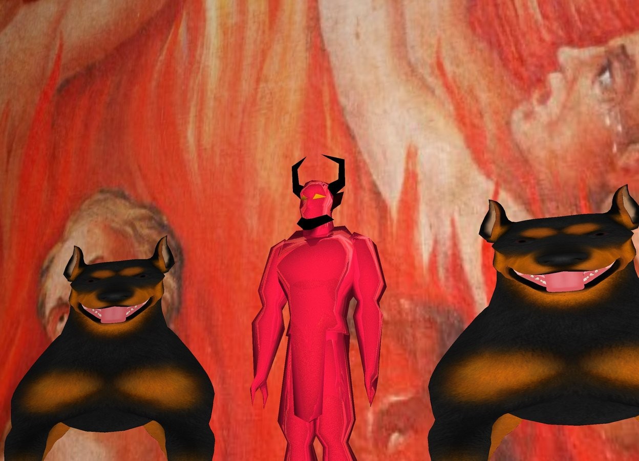 Input text:  the sky is [fire].
the image-7905 wall.

it is 1866 feet wide.
it is 1555 feet tall.




the shiny crimson evil.it is in front of the wall.

it is 6666 inches tall.

the ground is crimson lava.



the doberman is 1 inches to the right of the evil.

it is 5555 inches tall.
it is 5555 inches wide.


a doberman  is 1 inches to the left of the evil.


it is 5555 inches tall.
it is 5555 inches wide.

