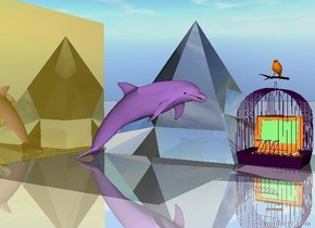 the computer fits in the purple birdcage.

the bird is on the cage.




the small lavender dolphin is several inches in front of the very large transparent pyramid. it is facing right. the ground is shiny. the huge gold cube is 1 feet to the left of the dolphin.
