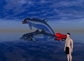 the ground is transparent.
there is a man.
there is a red megaphone 3 inches in front of the man 4.5 feet above the ground. 
there are 3 white transparent dolphins in front of the megaphone. they are 4.5 feet above the ground. they are -19 inch apart.