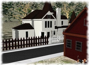 There is a house on the ground.

The ground has a grass texture..

There is a small pine tree to the left of the house.

There are five maple trees behind the house.

There are ten rubber trees behind the maple trees.

There are ten cherry trees behind the maple trees.

There is a long fence in front of the house.

There is a small volkswagen  to right of  the house.

There is a small red volkswagen bus five feet to the right of the house.

There is a long fence next to the fence.

There is a long fence next to the fence.

There is a long street in front of the fence.

The street is facing left.

There is a street to the right of the  street.

The street is facing left.

There is a  house in front of the street.

The house is facing left.

There is a basset hound to the left of the house.
















