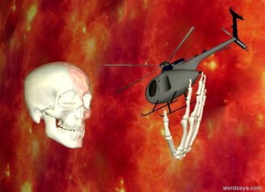 It is dawn.
The ground is transparent.
The giant skull is shiny white.
The skull is 90 inch above the ground.
The tiny gray helicopter is in front of the skull.
The skull is facing the helicopter.
The helicopter is facing the skull.
The helicopter is 20 inch in front of the skull.
The helicopter is 100 inch above the ground.
the helicopter leans forwards.
The upside down giant shiny hand is -25 inch under the helicopter.
The hand leans forwards.
The hand is -50 inch behind the helicopter.
The camera light is white.
The enormous unreflective  wall is fire.
The wall is -20 feet away from the skull.
The wall is next to the skull.
The wall is facing the skull.
The wall is above the ground.