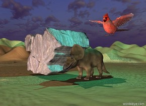 the dinosaur four feet right of the huge boulder. a cyan light is five feet above the dinosaur.

the desert is tall.

a pink light is 10 feet in front of the boulder.

A 6 foot tall cardinal is 2 feet above and to the right of the dinosaur.