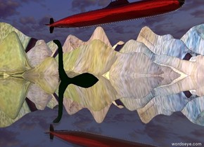 the large transparent lake is on the shiny very tall klee  ground. the dinosaur is 5 feet in the lake. 

the red transparent submarine is 5 feet above the dinosaur.
it is facing east. 