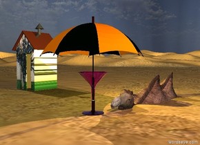 the camel is 6 feet in the desert. the  van gogh shack is eight feet left of the camel. the shack is on the ground. the camel is leaning left.

A huge magenta martini glass is in front of the camel. it is on the ground. the large umbrella is in the glass. 

the yellow light is above the camel. a pink light is three feet right of the glass. it is five feet above the ground.
