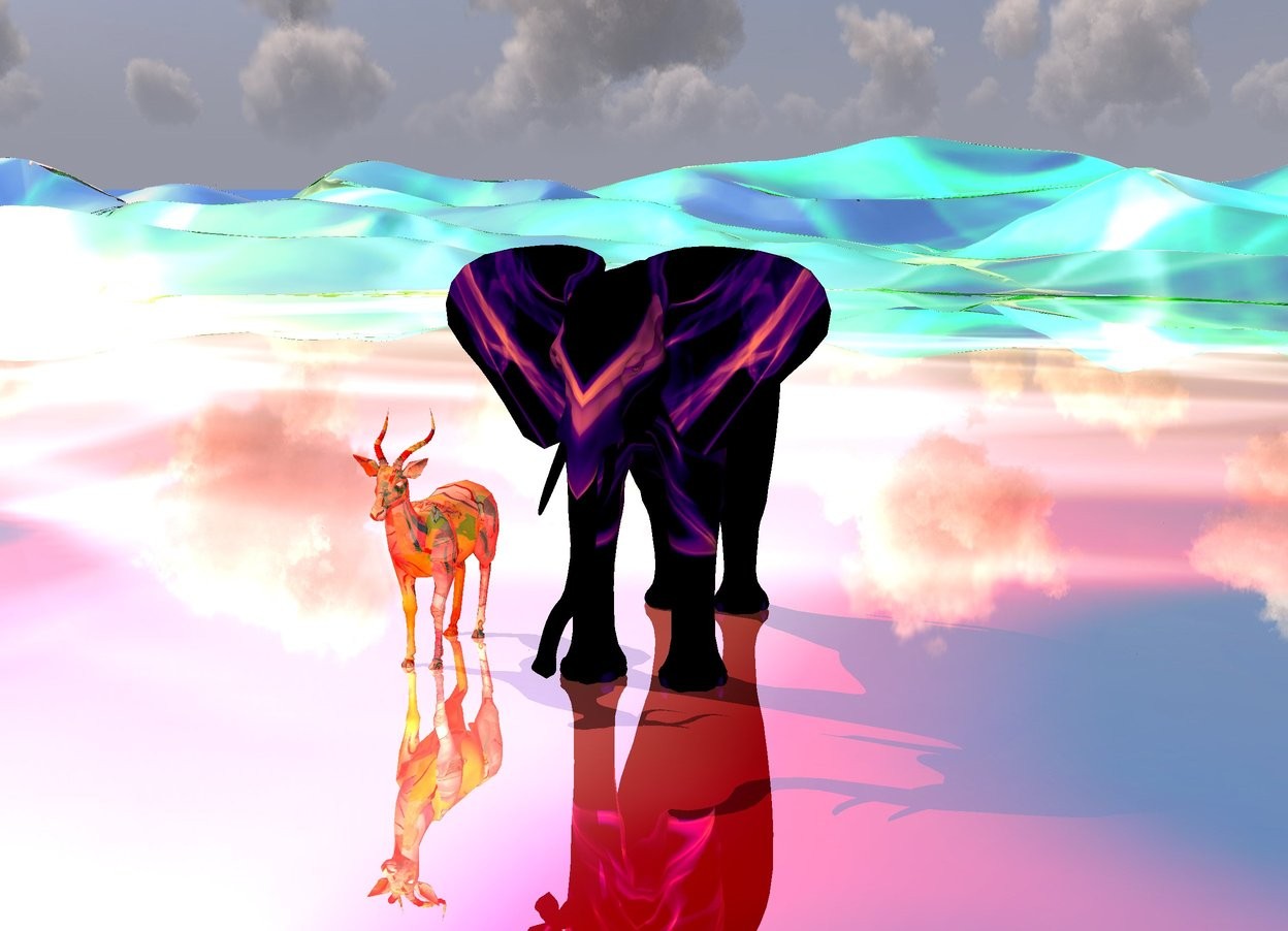 Input text:  There is a [rainbow]  african elephant. 

There is a silver [matisse] impala next to the elephant.

The [rainbow] ground is reflective.