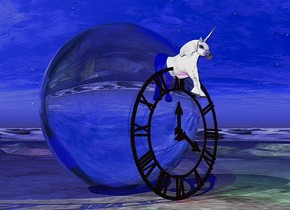 The unicorn is 10 feet tall.. The ambient light is blue. There is a green light under the unicorn. There is a second green light above the unicorn. There is a yellow light in front of the unicorn. The unicorn is in the center of the clock. The clock is 20 feet tall.  the 30 feet tall transparent shiny beach ball is behind the clock. There is a red light in front of the clock.