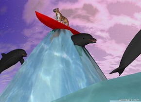 the dog is on the red surfboard. the surfboard is on the water mountain. the ground is water. the dolphin is 6 inches below the surfboard. it is facing right. another dolphin is 1 foot to the left of the dolphin. it is facing right. a dark grey dolphin is 4 feet to the right and under the surfboard. it is facing right.