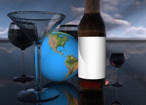 There is a plate on the black shiny ground. There is big glass to the right of the plate. The globe is to the left of the plate. There is a huge glass behind the globe. There is a very big glass in front of the globe. There is a very bright red light above the plate.. There is a  very big bottle  in front of the plate. There is a yellow light above the glass. There is a huge glass left of the globe.
