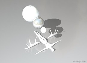 there is a flat shiny white irish elk. it is 6 feet in the ground. there is a shiny white sphere above the irish elk. there is a white woman 1.6 feet below the sphere. she faces down. there is a two feet tall shiny gray sphere behind the white sphere. there is a 3 feet tall shiny cloud blue sphere behind the gray sphere