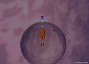 the ground is shiny anthracite gray. there is a ochre brown woman. she is 6 inches in the ground. she faces up. there is a 3 feet tall rainbow cone above her head. it is upside down. there is a grape 6 inches tall flat sphere on the cone. it faces up. there is a clear 100 feet tall clear sphere 100 feet above the rainbow cone. it is 100 feet behind the rainbow cone. the sun is thistle. 