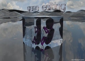 There is a 70 inch tall purple transparent baby 75 inches inside a 2 meter tall transparent cube. It is morning. The ground is transparent. There is a silver desert. There is a light 3 meters above the cube. There is a 40 inches tall silver dna 10 inches on the left of the baby.  transparent pink "gene editing" 10 inches above the cube