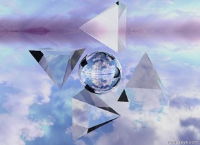 the ground is silver. the translucent pyramid is 10 feet above the ground. the silver sphere is near the pyramid. A translucent pyramid is above the sphere. The pyramid is leaning 90 degrees to the right. An upside-down translucent pyramid is west of the sphere. A translucent pyramid is below the sphere.  The pyramid is leaning 90 degrees to the left.
