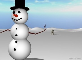 the snowman is on the white mountain range. The polar bear is 40 feet behind the snowman. 