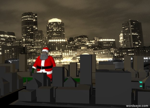 Input text:  the humongous santa is on the  city block. The bright orange light is 10 feet above santa.
the ground is white. [city] wall is behind the city block. it is 400 feet tall and 800 feet wide. it is -80 feet above the ground.