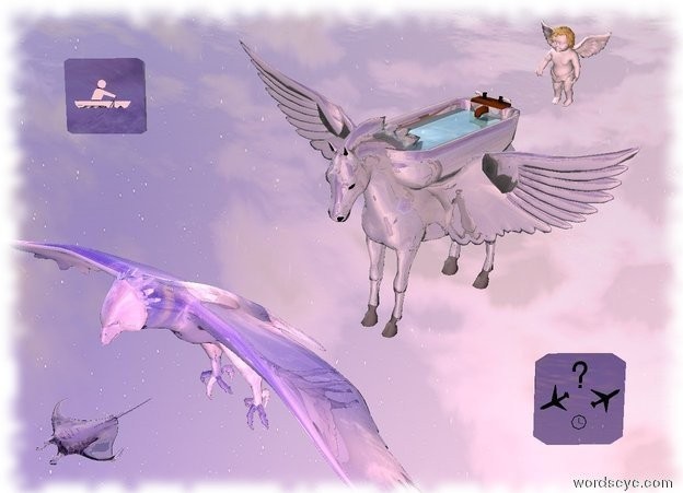 Input text: There is a shiny gray pegasus 50 feet above the shiny gray ground.  The shiny gray bathtub is -2.5 feet above the pegasus. It is -5.8 feet behind the pegasus. It is 4 feet long.

The water rectangle is 0.3 feet in the bathtub. It is 1.6 feet wide. It is 3.2 feet deep. It is -3.6 feet behind the bathtub. 

The camera light is light pink.

The white cherub is 2 feet behind the bathtub. It is -1 foot above the bathtub. It is leaning forward.

The giant shiny [sky] eagle is 0.6 feet in front of the pegasus. It is -6 feet above the pegasus. The eagle is leaning forward.

The shiny dark lavender sign panel is -2 feet right of the pegasus. It is 0 feet below the pegasus. It is facing southeast. It is leaning back.

The shiny dark blue sign panel is 8 feet left of the pegasus. It is -5 feet above the pegasus. It is facing southeast. It is leaning back. It is 2.5 feet tall.

The small translucent lavender fish is -1 feet in front of the eagle. It is -3.5 feet above the eagle.