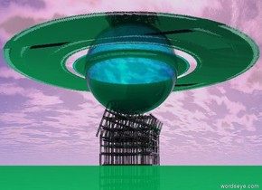 the ground is spring green. there is a 1st clear construction site. it faces up. there is a 2nd clear construction site 50 feet in the 1st clear construction site. there is a third clear construction site 25 feet in the 2nd clear construction site. it leans left.there is a 100 feet tall translucent cyan sphere above the clear construction site. it is 10 feet in the construction site. there is a 125 feet tall clear spring green flat torus 50 feet in the sphere. it faces up. there is a 260 feet tall flat clear torus 49 feet in the sphere. it faces up.