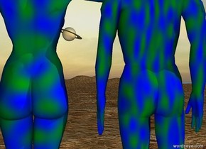 the green blue man is next to the woman. he is -2 foot away from the woman.  the woman is transparent and green blue .saturn is 100 feet in front of the woman. it is 20 feet above the ground. it is leaning. the ground is dirt. 