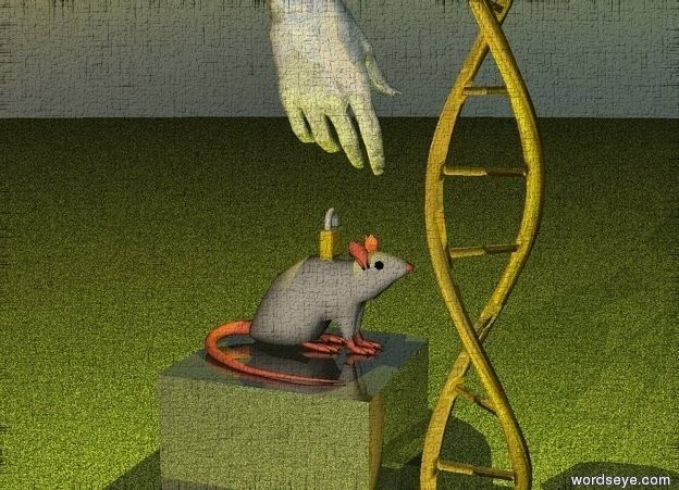 Input text: A gigantic grey mouse is on a 20 foot tall dark shiny cube. A 5 foot tall gold lock is on the mouse. A yellow light is above the lock. A 20 foot tall shiny grey hand is 3 feet above the lock. 55 foot tall gold DNA is on the ground and 2 feet in front of the mouse. It is dusk. The ground is grass.