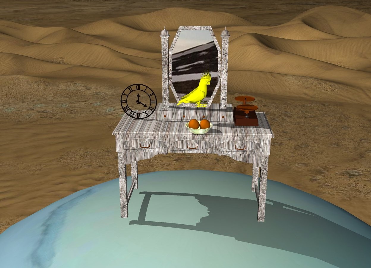 Input text: Giant uranus is on the desert. The table is on Uranus. The table has a granite texture.


The glass bowl is on the table.Two oranges are in the bowl. 

The scale is 7 inches to the right and 1 inch behind the bowl. The scale is facing right. A yellow bird is on the scale.

The clock is 10 inches to the left and 8 inches behind the bowl.
