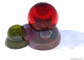 the ground is shiny white. there is a 2 feet tall clear copper sphere 1 feet in the ground. there is a 1.5 feet tall clear red sphere 6 inches in the copper sphere. there is a 7 inches tall clear sphere -4 inches in front of the clear red sphere. there is a 3 inches tall clear cyan sphere -2 inches right of the clear sphere. there is a 1.5 feet tall clear marmalade sphere -5 inches left of the copper sphere. there is a 1 feet tall clear olive sphere 7 inches in the marmalade sphere. there is a 1 feet tall clear hot pink sphere -5 inches right of the olive sphere. there is a clear skull 1.2 feet in the red sphere.