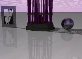 The camel fits in the shiny purple bird cage. The bird cage fits in the shiny black window. The giant purple bird cage is 2 feet to the right of the window. The big shiny silver sphere is 1 foot to the right of the giant bird cage.
