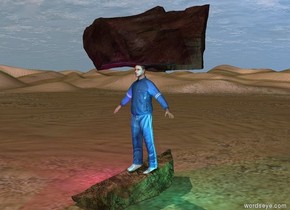 the big rock is in the desert. The athlete is 6 inches in the rock. the second big rock is 6 inches in the athlete.  The magenta light is left of the athlete. the cyan light is right of the athlete.



