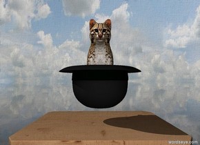 the big hat is upside down. it is 3 inches above the narrow table. the small cat is -2.7 inches in the hat. the ground is transparent.