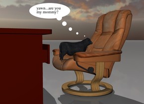 the tiny cow is on the chair. it is facing backwards. the desk is in front of the chair. it is facing the chair.