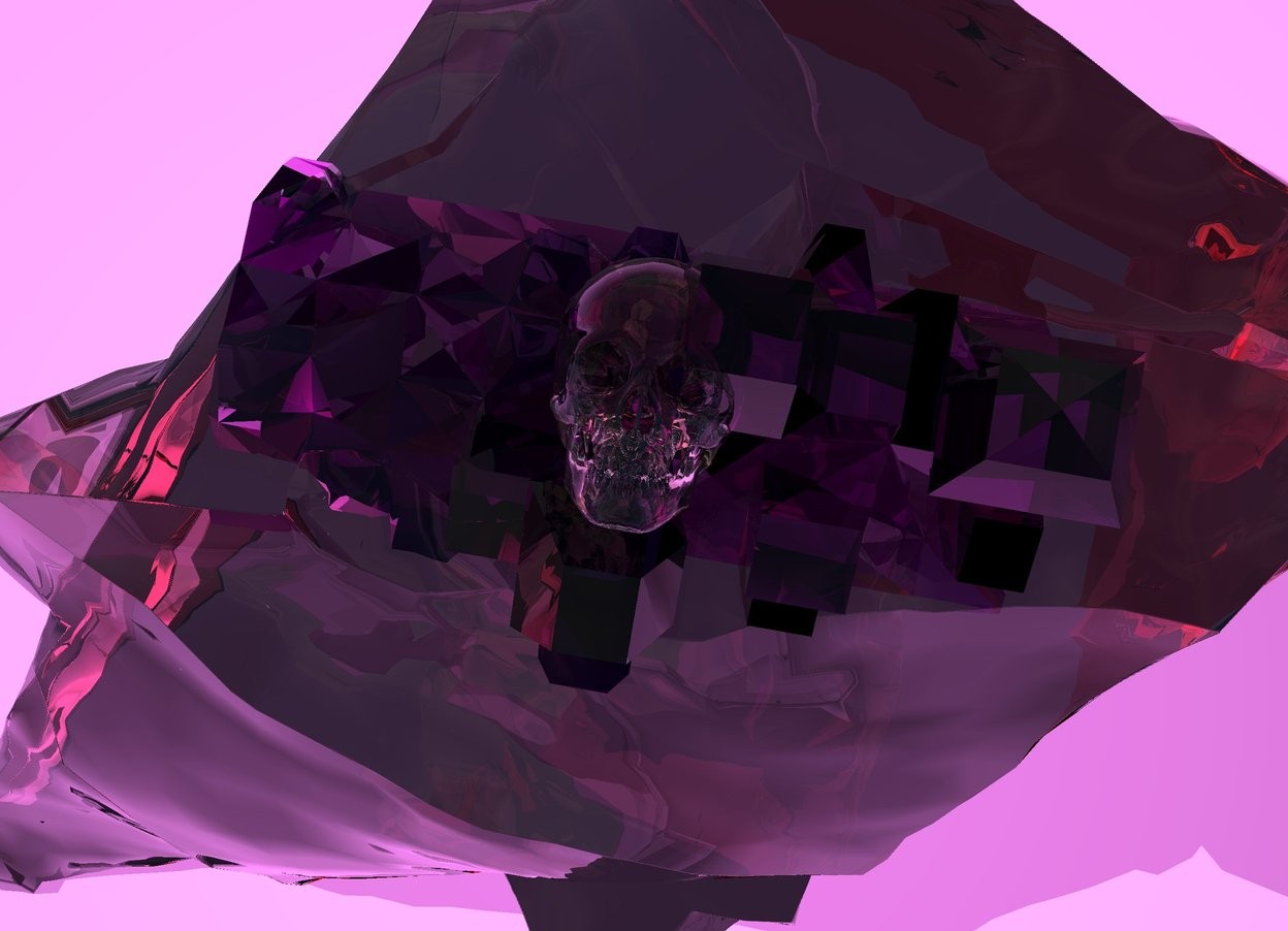 Input text: the ground is unreflective violet. there is a large clear rock 6 inches in the ground. there is a large clear pink rock 17 inches in the clear rock. there is a 2 feet tall clear purple crystal 12 inches in the large clear pink rock. there is a clear skull 2 inches in the purple crystal. it faces up.

