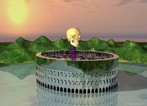 the athlete is in the silver arena.
the  80 foot tall shiny purple cylinder is in the arena.  it is 10 feet wide. the very humongous skull is 10 feet in the cylinder.