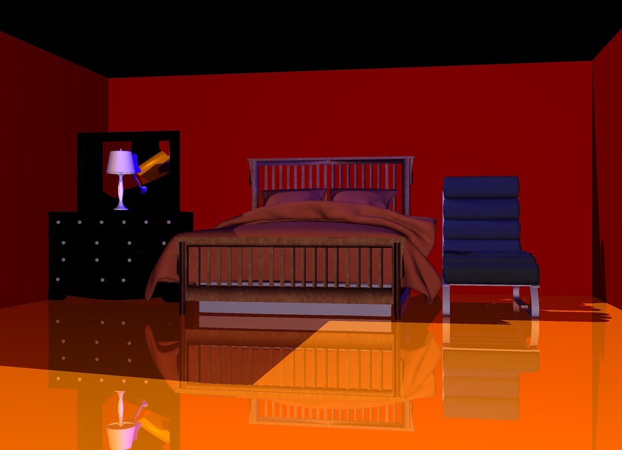 Input text: There is a bed.
There is a dresser next to the bed. There is a maroon wall behind the bed.There is a maroon wall 5 feet  to the right of the bed. It is facing the bed. There is a maroon wall to the left of the dresser. It is facing the dresser. the ground is shiny orange. There is a white lamp -2.6 feet above the dresser. There is a chair to the right of the bed. The sky is black. The ambient light is purple. There is a blue light above the bed. There is a blue light above the chair.